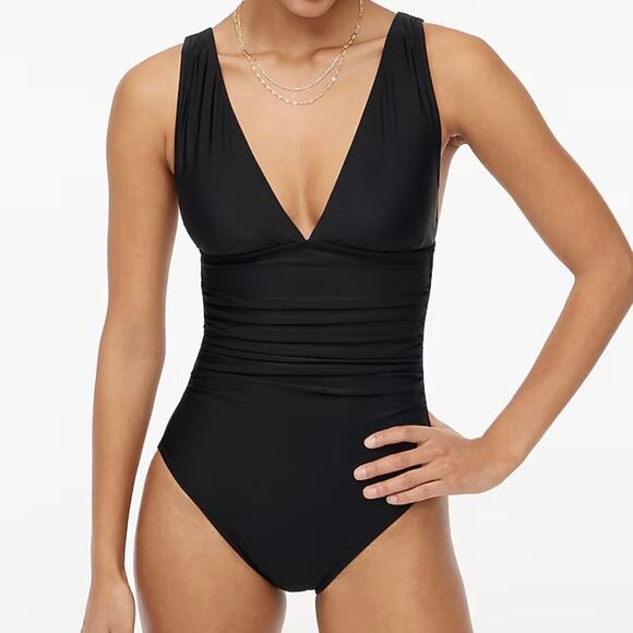 J Crew Factory Womens V-Neck Ruched One Piece Swimsuit Large Black - Picture 1 of 14